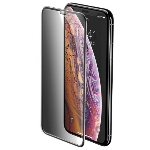 Folie Compatibil cu iPhone 11 Pro Max / Compatibil cu iPhone XS Max, Sticla Securizata 3D, Full Screen, Anti-Spy, Protectie Praf Difuzor, Baseus, Negru