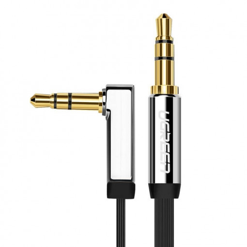 Cablu Audio / AUX / Jack 3.5mm, Mufa la 90 grade, Plat, Ugreen, 2m, Silver
