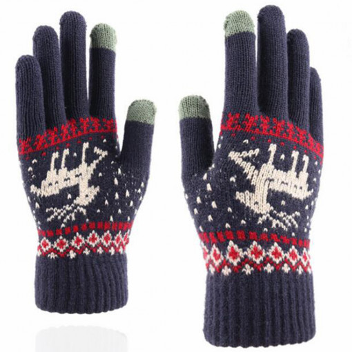 Manusi Iarna TouchScreen Raindeer Woolen Gloves, Albastru