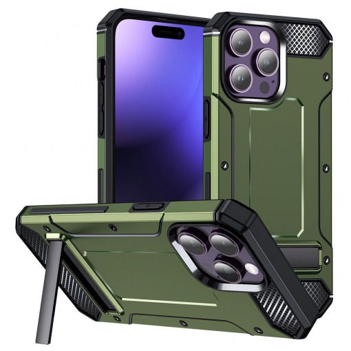 Husa Pentru iPhone 15 Pro, Bumper Hybrid Armor, Kickstand, Matrix, Verde