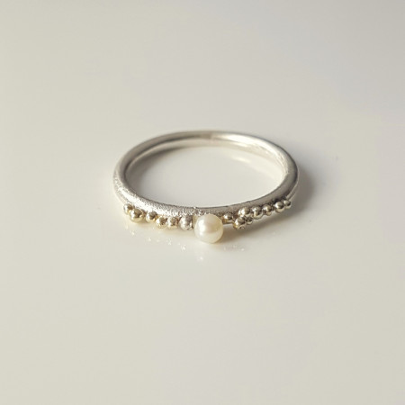 Sleeping Beauty Ring in sterling silver and 14k gold granulation with white culture pearl