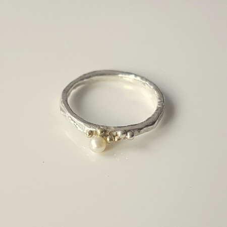 Sleeping Beauty asymmetrical ring with a pearl and 14k gold granulation