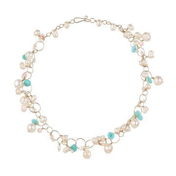 colier cu perle de cultura, amazonit si coral din gold filled de 14k/20