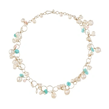 colier cu perle de cultura, amazonit si coral din gold filled de 14k/20
