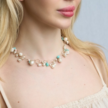 colier cu perle de cultura, amazonit si coral din gold filled de 14k/20 - Img 2