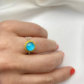 inel Sleeping Beauty din argint si granulatie aur 14k cu turcoaz de Arizona si cuart, design si realizare Corina Mardari