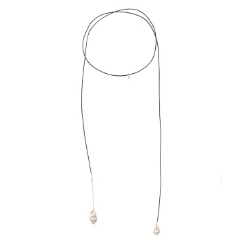 colier extralung cu perle keshi, piele naturala si lant din gold filled de 14k/20