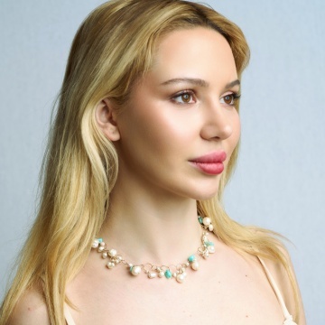 colier cu perle de cultura, amazonit si coral din gold filled de 14k/20 - Img 3