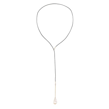 colier lung cu perla keshi, piele naturala si lant din gold filled de 14k/20