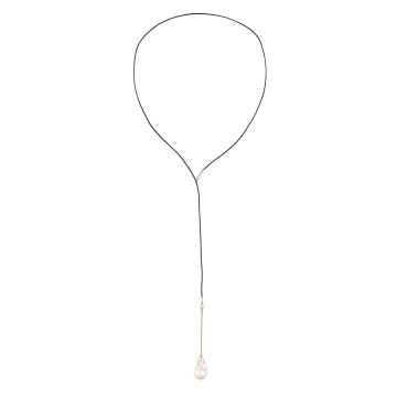 colier lung cu perla keshi, piele naturala si lant din gold filled de 14k/20