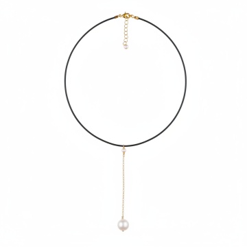 colier la baza gatului cu perla de cultura, piele naturala si gold filled de 14k/20