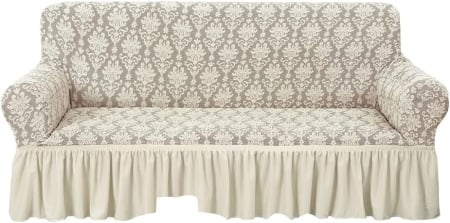Husa elastica pentru canapea 3 locuri, cu volanas, model Jacquard, Bej Deschis