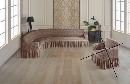 Husa elastica pentru coltar, cu volanas, model Jacquard Maro deschis in dungi