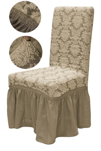 Set 6 huse elastice pentru scaune, cu volanas, model Jacquard Bej