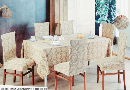 Set 6 huse elastice pentru scaune, model Jacquard, Bej Deschis