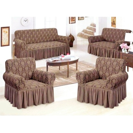 Set huse elastice pentru canapea 3 locuri, canapea 2 locuri si 2 fotolii, cu volanas, model Jacquard Maro Deschis