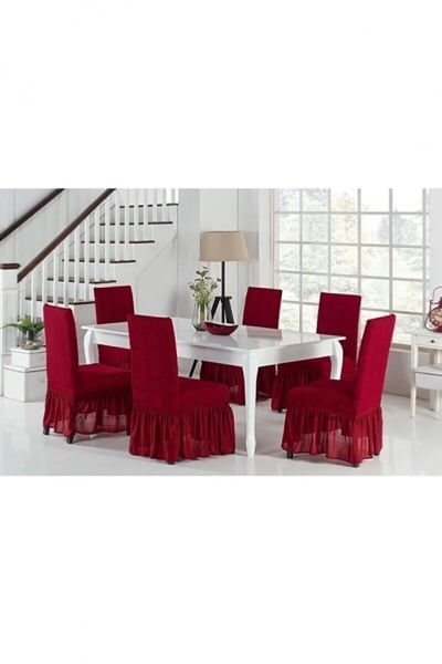 Set 6 huse elastice pentru scaune, cu volanas, model Jacquard Bordo