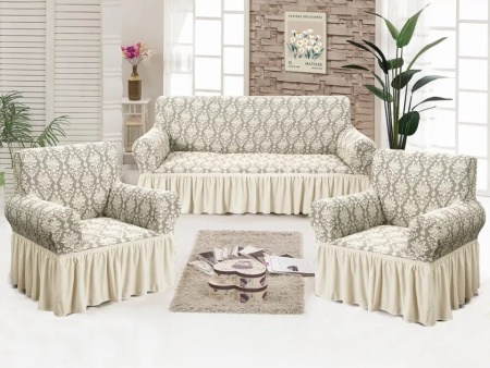 Set huse elastice pentru canapea 3 Locuri si 2 fotolii, cu volanas, model Jacquard Cappuccino - Img 2