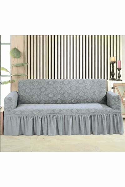 Husa elastica pentru canapea 3 locuri, cu volanas, model Jacquard, Gri