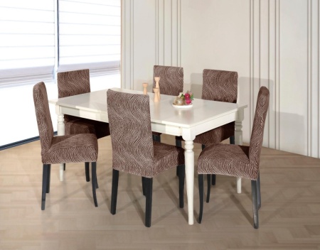 Set 6 huse elastice pentru scaune, model Jacquard, Maro deschis in dungi - Img 3