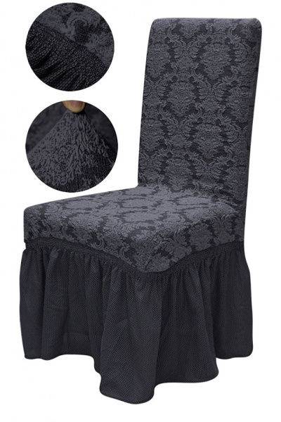 Set 6 huse elastice pentru scaune, cu volanas, model Jacquard Cenusiu