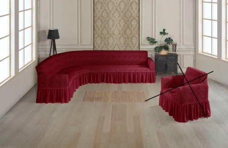 Husa elastica pentru coltar, cu volanas, model Jacquard Bordo in dungi
