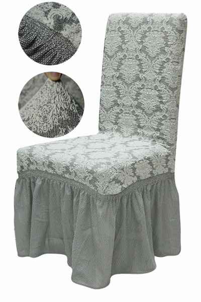 Set 6 huse elastice pentru scaune, cu volanas, model Jacquard Gri