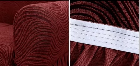 Husa elastica pentru canapea 3 locuri, cu volanas, model Jacquard, Bordo in dungi - Img 5