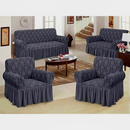 Set huse elastice pentru canapea 3 locuri, canapea 2 locuri si 2 fotolii, cu volanas, model Jacquard Cenusiu
