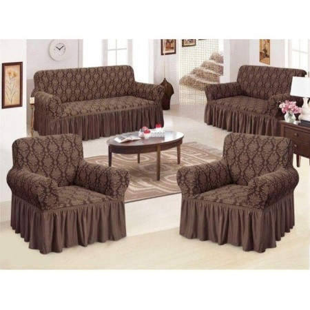 Set huse elastice pentru canapea 3 locuri, canapea 2 locuri si 2 fotolii, cu volanas, model Jacquard Maro
