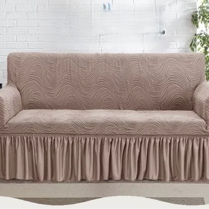 Husa elastica pentru canapea 3 locuri, cu volanas, model Jacquard, Cappuccino in dungi