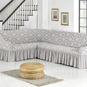 Husa elastica pentru coltar, cu volanas, model Jacquard Alb