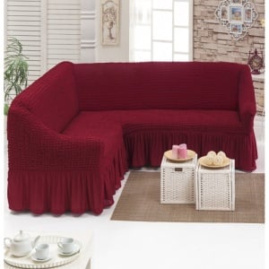 Husa elastica si creponata pentru coltar, cu volanas, culoare Bordo