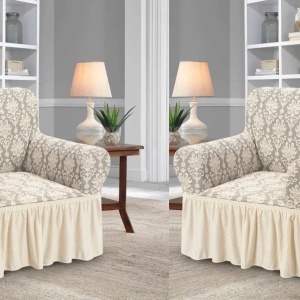 Set 2 Huse elastice pentru fotolii, cu volanas si model Jacquard Bej Deschis