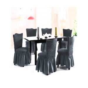 Set 6 huse scaune creponate si elastice, cu volanas, Cenusiu
