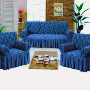 Set huse elastice pentru canapea 3 Locuri si 2 fotolii, cu volanas, model Jacquard Albastru