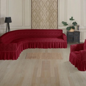 Set Huse elastice pentru coltar + 1 fotoliu, cu volanas, model Jacquard Bordo in dungi