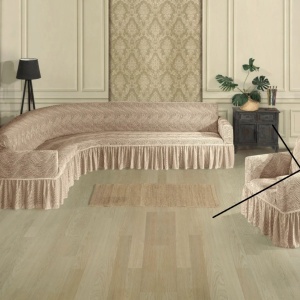 Husa elastica pentru coltar, cu volanas, model Jacquard Bej in dungi