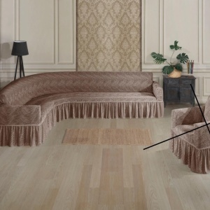 Husa elastica pentru coltar, cu volanas, model Jacquard Maro deschis in dungi