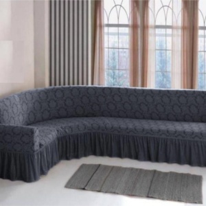 Husa elastica pentru coltar, model Jacquard, cu volanas, culoare Cenusiu