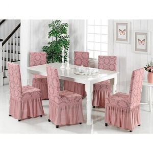 Set 6 huse elastice pentru scaune, cu volanas, model Jacquard Roz