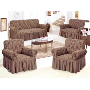 Set huse elastice pentru canapea 3 locuri, canapea 2 locuri si 2 fotolii, cu volanas, model Jacquard Maro Deschis
