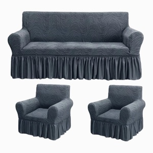 Set huse elastice pentru canapea 3 Locuri si 2 fotolii, cu volanas, model Jacquard Cenusiu in dungi