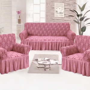 Set huse elastice pentru canapea 3 Locuri si 2 fotolii, cu volanas, model Jacquard Roz