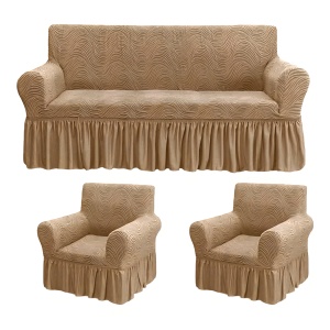 Set huse elastice pentru canapea 3 Locuri si 2 fotolii, cu volanas, model Jacquard Bej inchis in dungi