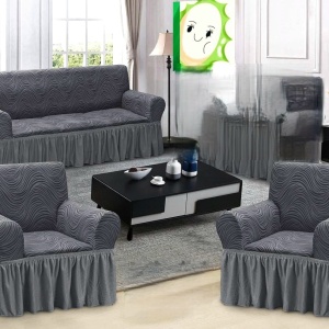 Set huse elastice pentru canapea 3 Locuri si 2 fotolii, cu volanas, model Jacquard Cenusiu in dungi