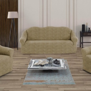 Set huse elastice pentru canapea 3 Locuri si 2 fotolii, fara volanas, model Jacquard Bej in dungi