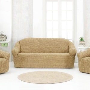 Set huse elastice si creponate pentru canapea 3 locuri si 2 fotolii, fara volanas, culoare Bej inchis