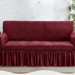 Husa elastica pentru canapea 3 locuri, cu volanas, model Jacquard, Bordo in dungi