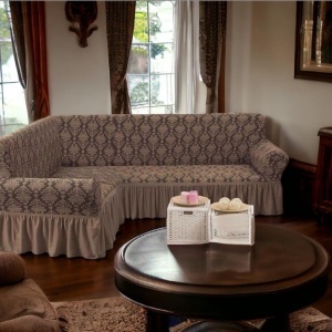Husa elastica pentru coltar, cu volanas, model Jacquard Cappuccino
